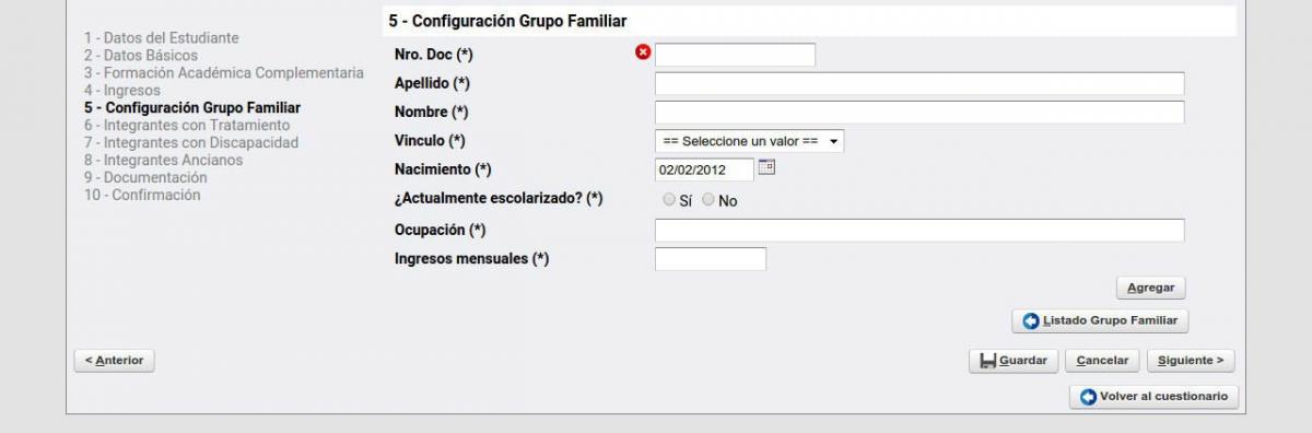 Configuración grupo familiar - Integrante menor