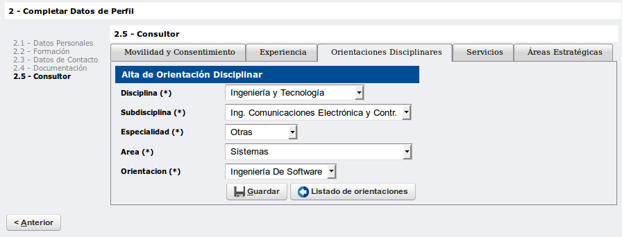 Pantalla Orientaciones disciplinares