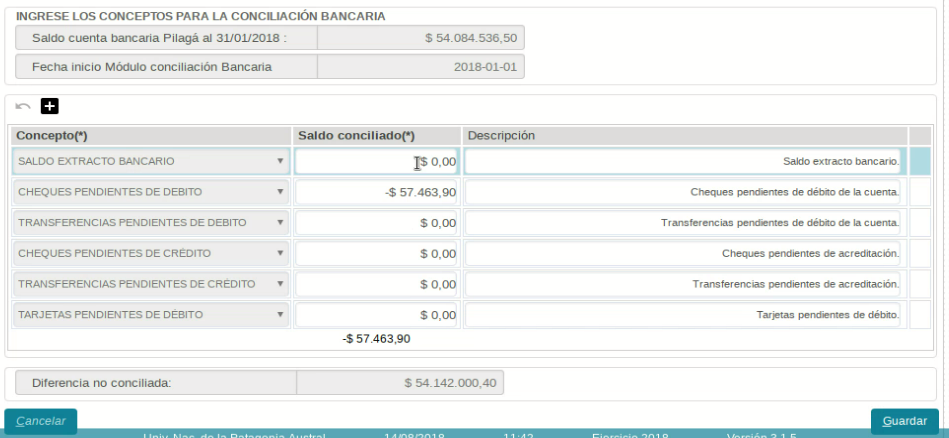 Conciliación bancaria - Ingreso de conceptos