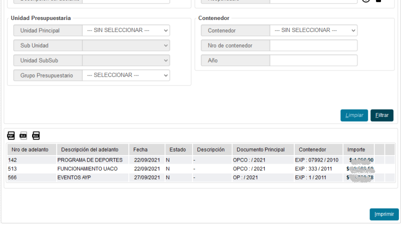 Listado de rendiciones borrador - Resultado